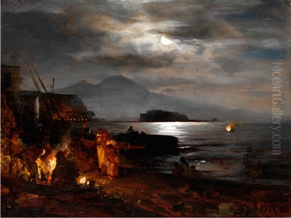 Nachtliche Kuste Bei Neapel Im Mondlicht Oil Painting by Oswald Achenbach