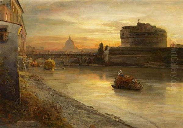 Rom. Abendstimmung Am Tiber Mit Blick Auf Die Engelsburg Oil Painting by Oswald Achenbach