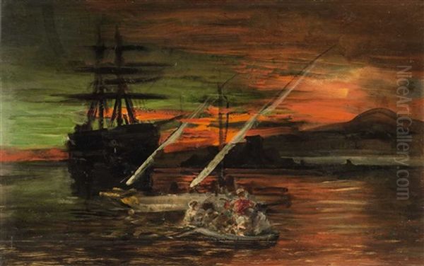 A Ghost Ship In The Gulf Of Naples Oil Painting by Oswald Achenbach