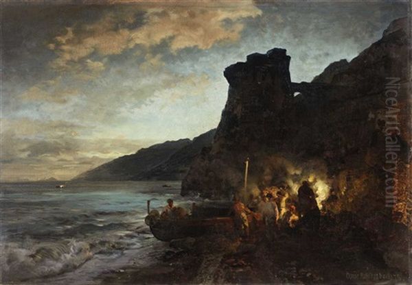 The Torre De Asturnu By Night Oil Painting by Oswald Achenbach