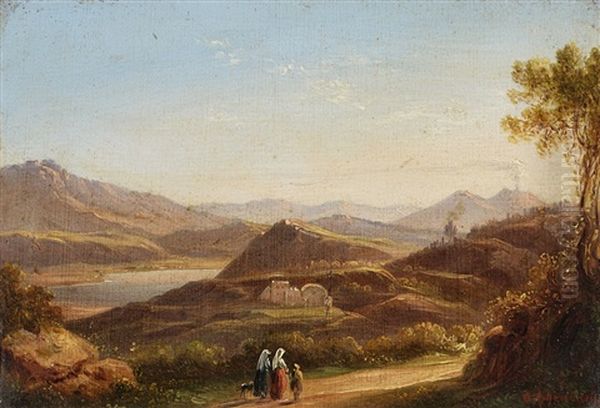 Lago Di Agnano Near Naples With A View Of Vesuvius Oil Painting by Oswald Achenbach