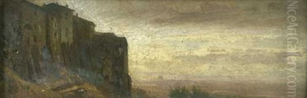 Italienische Landschaft. Blick Uber Eine Weite Ebene, Links Auf Felsen Ein Ort Oil Painting by Oswald Achenbach