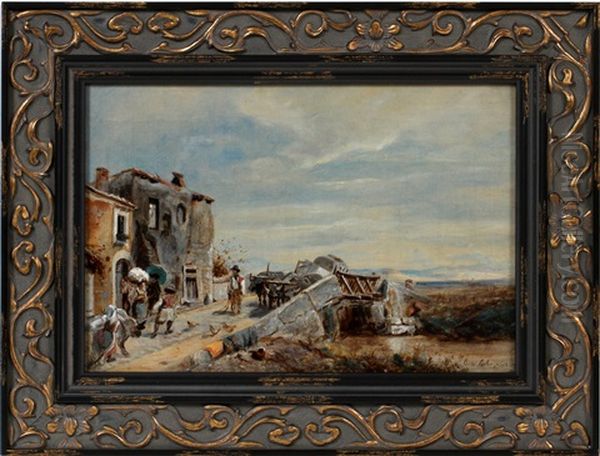 Village Scene Oil Painting by Oswald Achenbach