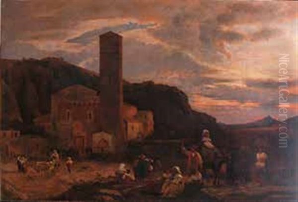 Paesaggio Con Chiesa E Viandanti In Abiti Tradizionali by Oswald Achenbach