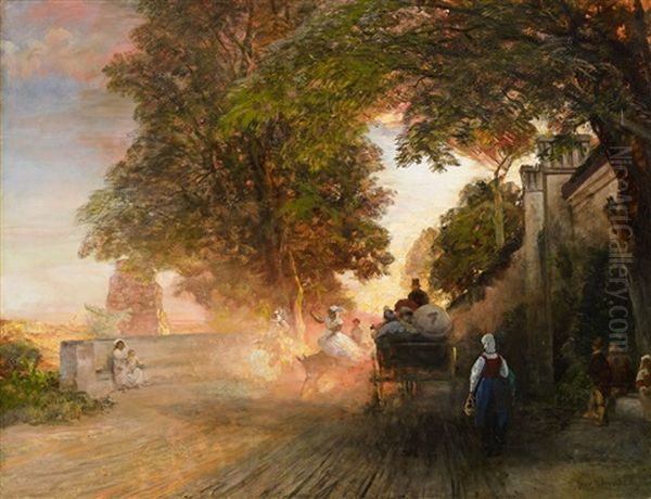 The Vigna Barberini On The Palatin In The Evening Oil Painting by Oswald Achenbach