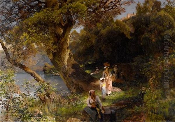 Mediterrane Waldlandschaft Mit Figuren Oil Painting by Oswald Achenbach