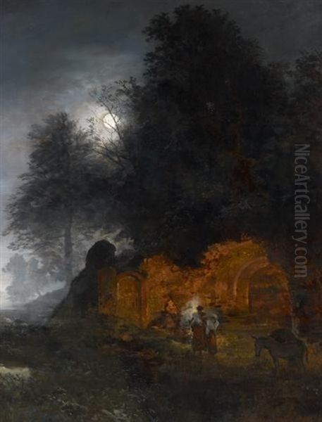 Ruinenlandschaft Mit Hirten Am Lagerfeuer Oil Painting by Oswald Achenbach