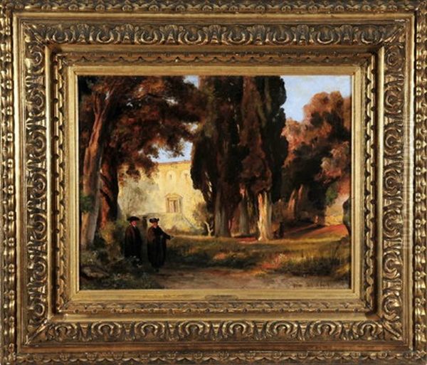 Zwei Monche Im Zypressenhain Des Klostergartens Oil Painting by Oswald Achenbach