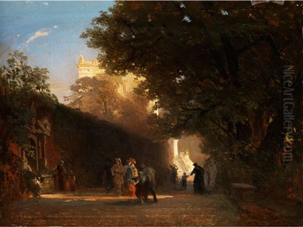 Italienische Villa Und Park Mit Vornehmer Gesellschaft Und Priestern Oil Painting by Oswald Achenbach