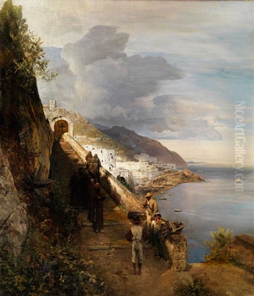 Die Kuste Von Amalfi Mit Der Stiege Zum Kapuzinerkloster Oil Painting by Oswald Achenbach