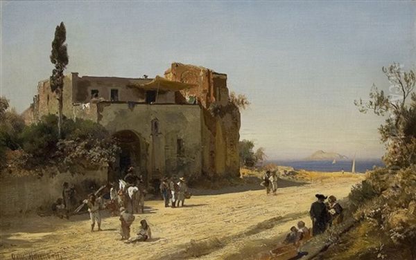 Summerday In The Streets Of Sorrento Oil Painting by Oswald Achenbach