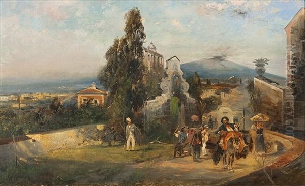 Reisegesellschaft Auf Einer Landstrase Mit Blick Auf Den Vesuv Oil Painting by Oswald Achenbach