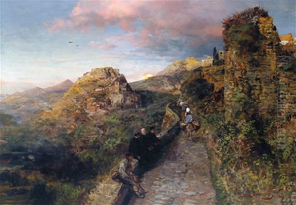 Sonnenuntergang Uber Einem Suditalienischen Bergstadtchen Oil Painting by Oswald Achenbach