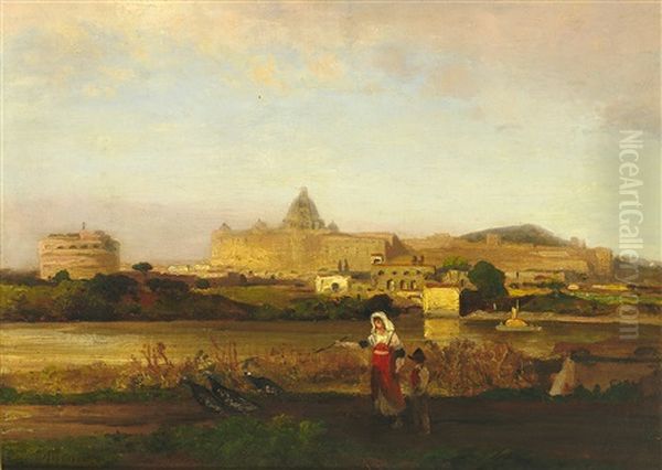 Romische Ansicht. Blick Uber Den Tiber Auf Peterskirche Und Engelsburg, Im Vordergrund Gansehirtin Mit Kind Oil Painting by Oswald Achenbach