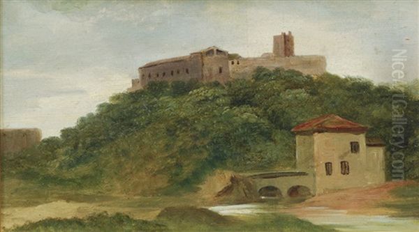 Italian River Landscape With Monastery Oil Painting by Oswald Achenbach