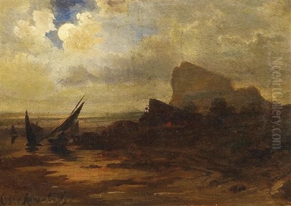 Vollmond An Der Kuste. Trocken Aufliegende Segelboote Vor Dunklen Klippen Oil Painting by Oswald Achenbach