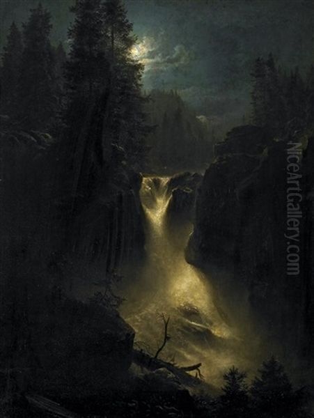 Wildwasserfall In Den Alpen Bei Mondenschein Oil Painting by Oswald Achenbach