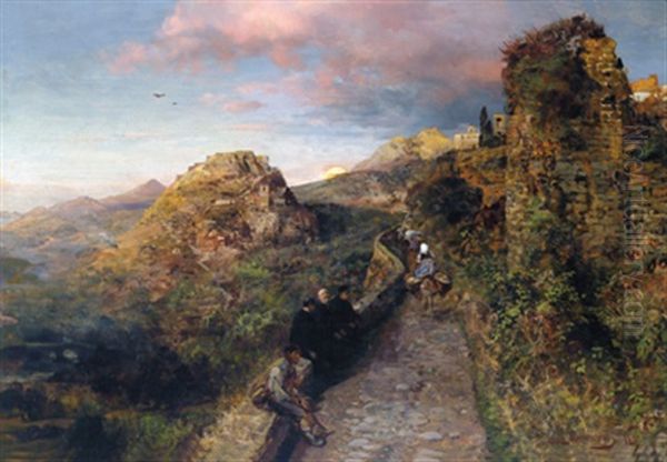 Sonnenuntergang Uber Einem Suditalienischen Bergstadtchen Oil Painting by Oswald Achenbach