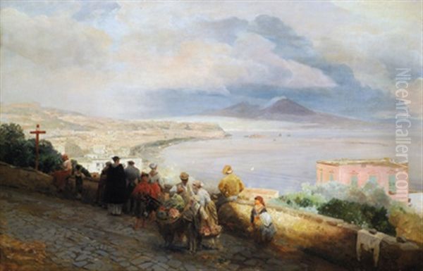 Blick Auf Den Golf Von Neapel, Von Posilippo Aus Gesehen, Im Vordergrund Reiche Figurliche Staffage Oil Painting by Oswald Achenbach