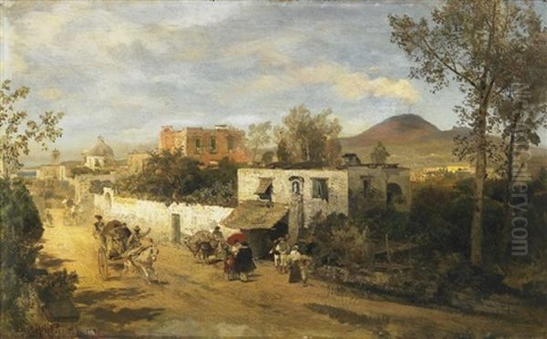 Landstrase Bei Pompeji. Im Hintergrund Der Rauchende Vesuv Oil Painting by Oswald Achenbach