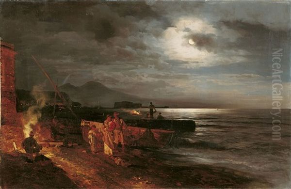 Die Bucht Von Neapel Im Mondlicht Oil Painting by Oswald Achenbach