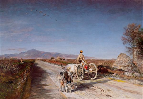 Campagnalandschaft Mit Der Via Appia, Ein Von Ochsen Gezogenes Fuhrwerk Und Ein Bauer Auf Dem Weg Zum Markt Neben Einem Ruinosen Bauwerk Oil Painting by Oswald Achenbach