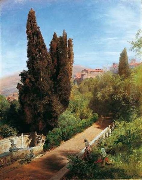 Im Park Der Villa Deste, Tivoli Oil Painting by Oswald Achenbach