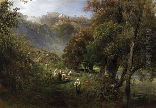 Colli Albani. Sommerlandschaft An Den Ufern Des Albaner Sees Oil Painting by Oswald Achenbach