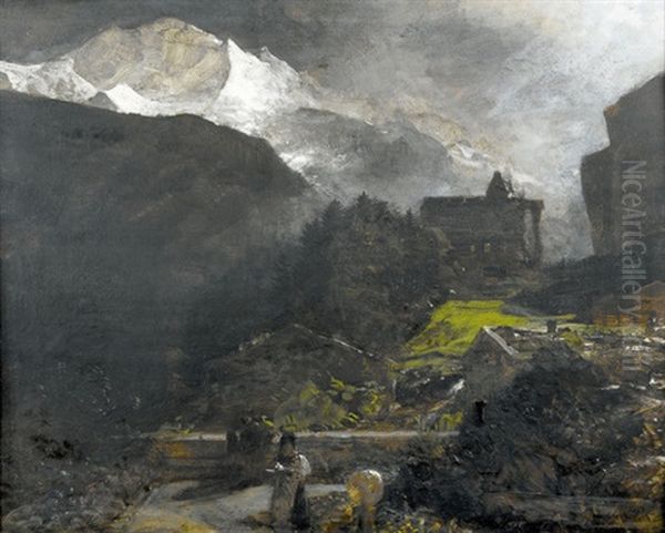 Jungfrau Und Lauterbrunnental Bei Mondschein Oil Painting by Oswald Achenbach