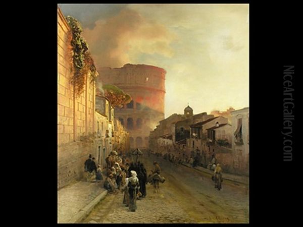 Romische Altstadtgasse Mit Blick Auf Das Colosseum Im Abendlicht, Mit Zahlreicher Personenstaffage, Darunter Eine Prozession Oil Painting by Oswald Achenbach