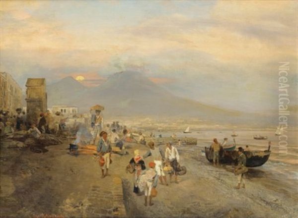 Vue De Naples Au Soleil Couchant Oil Painting by Oswald Achenbach