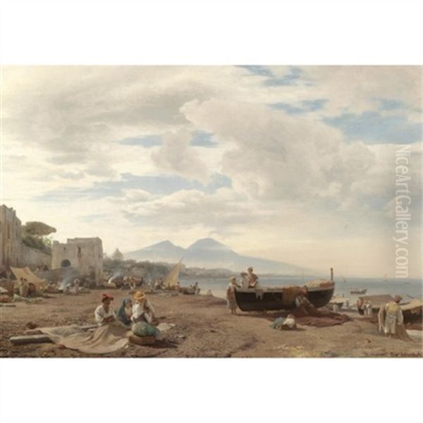 Fischer Am Strand Von Amalfi, Im Hintergrund Der Vesuv (fishermen On The Amalfi Coast With Mount Vesuvius Beyond) Oil Painting by Oswald Achenbach