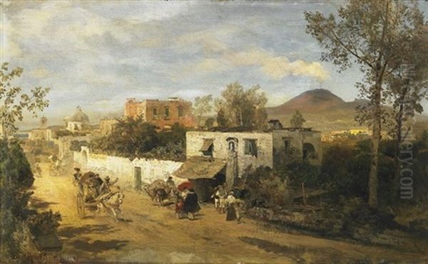 Landstrase Bei Pompei. Im Hintergrund Der Rauchende Vesuv Oil Painting by Oswald Achenbach