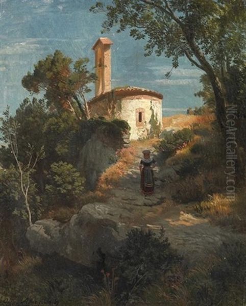 Italienische Landschaft Mit Kapelle. Achenbach Oil Painting by Oswald Achenbach