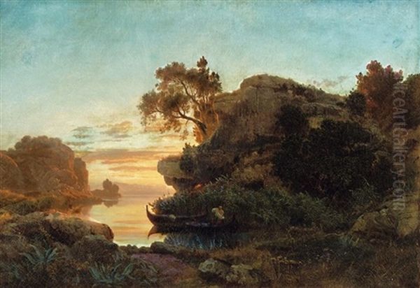 Ligurische Kustenlandschaft Bei Sonnenuntergang Oil Painting by Oswald Achenbach