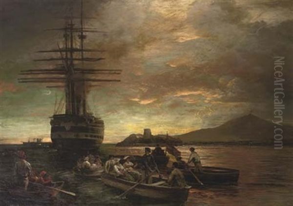 Das Gespensterschiff: Taking The Tender To Shore In The Bay Of Naples Oil Painting by Oswald Achenbach