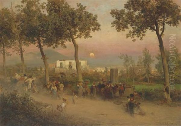 Near Naples, Moonrise Oil Painting by Oswald Achenbach