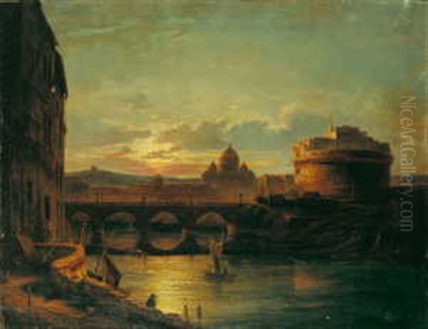 Blick Auf Das Abendliche Rom Mit Dem Petersdom Und Der Engelsburg Oil Painting by Oswald Achenbach