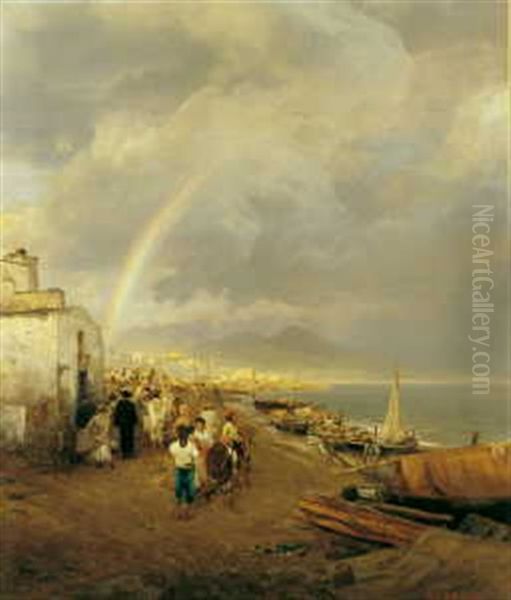 Abziehendes Gewitter Und Ein Regenbogen Uber Dem Golf Von Neapel Oil Painting by Oswald Achenbach