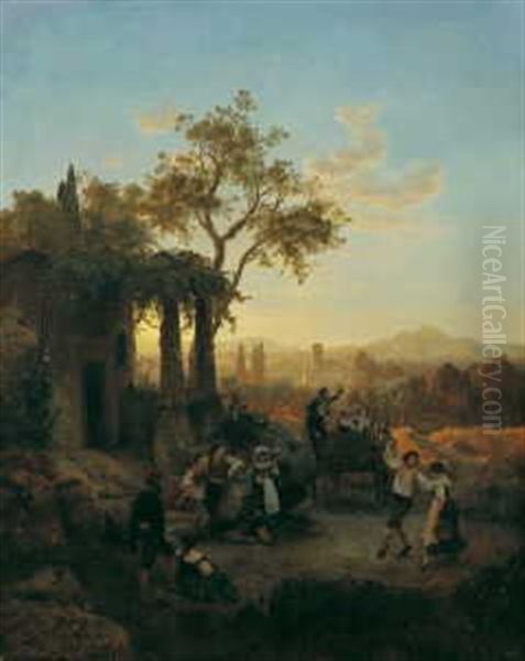 Frohlicher Tanz Vor Der Osteria Oil Painting by Oswald Achenbach