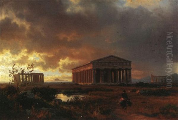 Bei Den Antiken Tempelanlagen Von Paestum Oil Painting by Oswald Achenbach