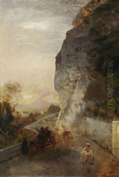 Abendstimmung Auf Der Uferstrase Bei Neapel. Im Hintergrund Blick Auf Den Vesuv Oil Painting by Oswald Achenbach