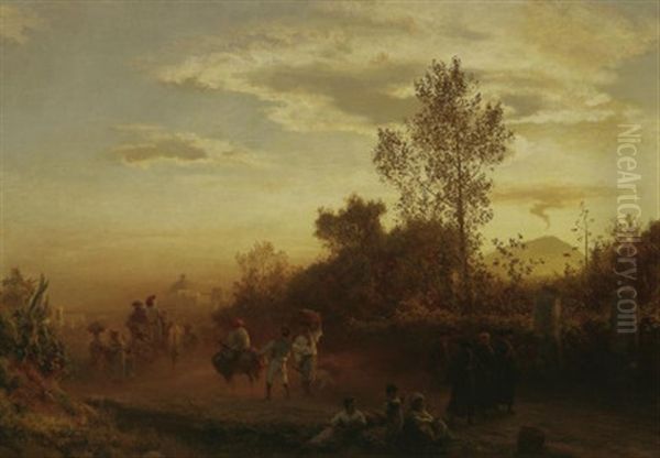 Buntes Treiben Auf Einer Landstrase Bei Neapel. Im Hintergrund Der Aktive Vesuv Im Abendrot Oil Painting by Oswald Achenbach