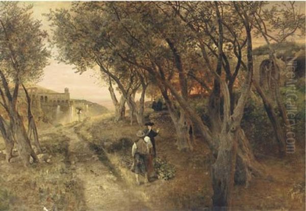 Amongst Olive Trees At Dusk Oil Painting by Oswald Achenbach