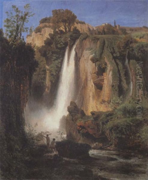 Wasserfall Mit Zwei Badenden (italien) Oil Painting by Oswald Achenbach