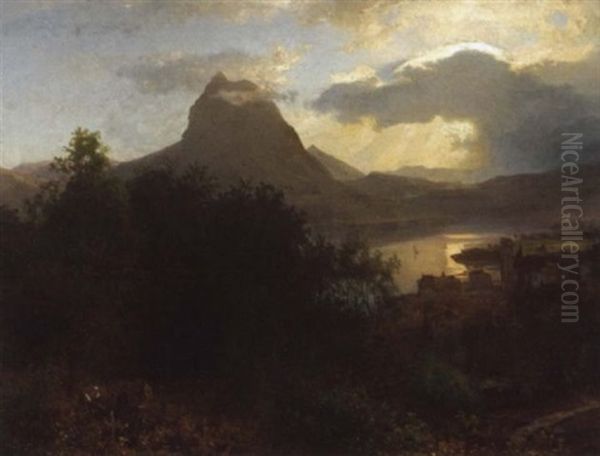 Abendliche Weinlese Uber Einem Italienischen Gebirgssee Oil Painting by Oswald Achenbach