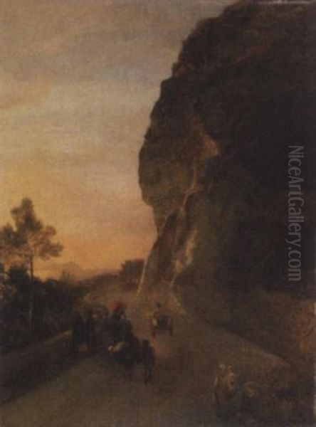 Abendstimmung Uber Der Bucht Von Neapel Mit Serpentinenstrase Und Reisenden Oil Painting by Oswald Achenbach