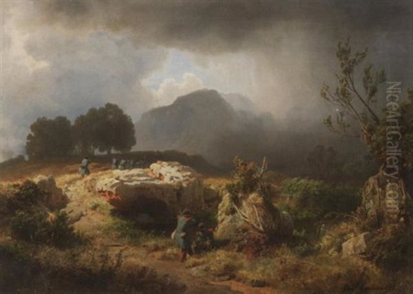 Im Gebirge. Ein Trupp Italienischer Infanteristen Bei Aufziehendem Gewitter Oil Painting by Oswald Achenbach