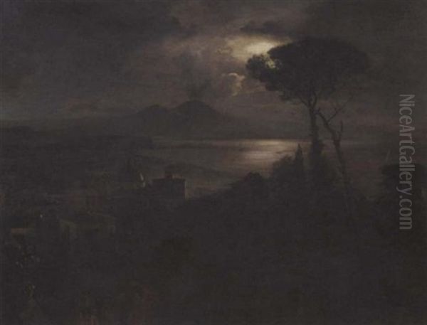 Musicians In The Streets Of Naples At Night, With Vesuvius And Mount Somma In The Distance Oil Painting by Oswald Achenbach