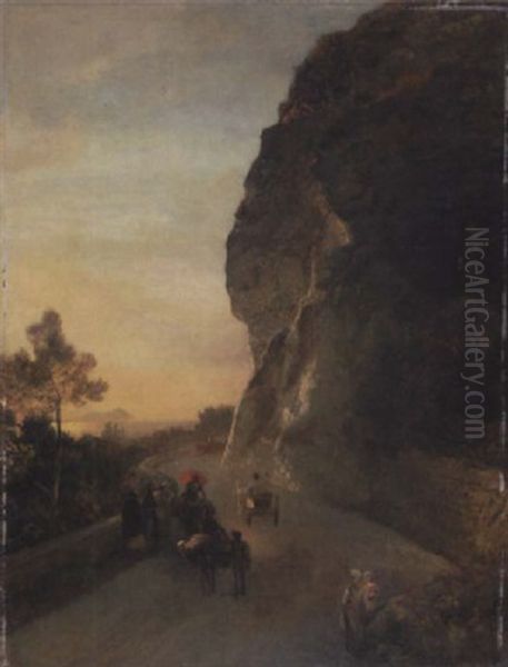 Abendstimmung Uber Der Bucht Von Neapel Mit Serpinenstrase Und Reisenden Oil Painting by Oswald Achenbach